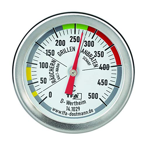 TFA Dostmann 141029 BBQ Thermometer, Analog, 14.1029, zur Garraumtemperaturmessung, für den Grill/Smoker, aus Edelstahl, 18/8, Silber, Ø 52 x H 67 mm von TFA Dostmann