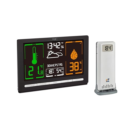 TFA Dostmann Digitale Funk Wetterstation METEOchrome, 35.1132, gut ablesbaren VA-Display, Wettervorhersage, mit Außensensor, Temperatur- & Luftfeuchtigkeitsmesser, inkl Funkuhr, Datumsanzeige, schwarz von TFA Dostmann