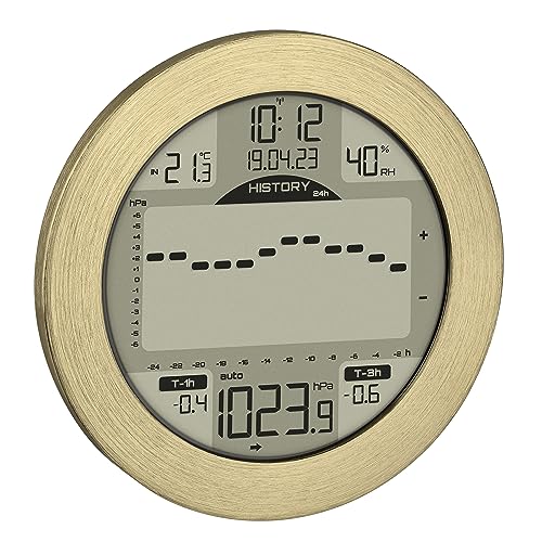 TFA Dostmann Digitale Wetterstation Meteomar, 35.1124.53, Luftdruck, mit Balkendiagramm für 24h/3h/1h, Temperatur und Luftfeuchtigkeit, Funkuhr mit Datum, Aluminium Rahmen, gold von TFA Dostmann