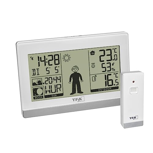 TFA Dostmann Digitale Wetterstation Weather Boy, 35.1159.02, Funk, mit Außensensor, Innen-und Außentemperatur, Mondphase, weiß, L 145x B 39 x H 97 mm von TFA Dostmann