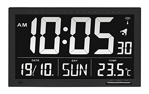 TFA Dostmann Digitale XL Funkuhr, Wanduhr,60.4505, mit Temperatur, 24h Anzeige, groß, schwarz, L 368 x B 29 (86) x H 230 mm von TFA Dostmann