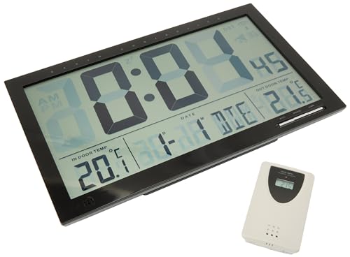 TFA Dostmann Digitale XL-Funkuhr, mit Außen-und Innentemperatur, Wanduhr, gut ablesbar, schwarz, 60.4510, L 370 x B 29 (90) x H 230 mm von TFA Dostmann
