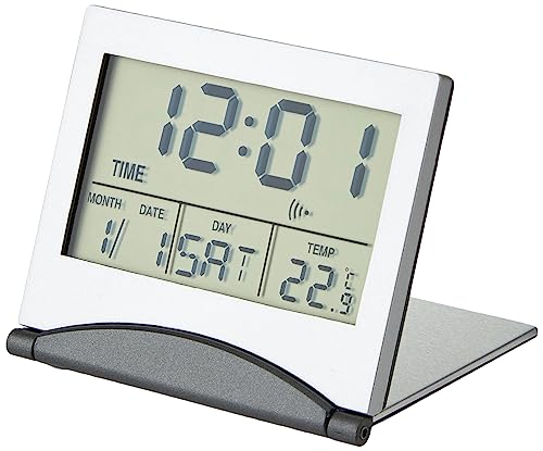TFA Dostmann Digitaler Reisewecker, 98.1054, multifunktional, Timer und Stoppuhr, Datum, Wochentag und Temperatur, Silber von TFA Dostmann