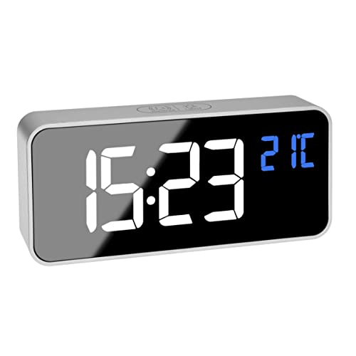 TFA Dostmann Digitaler Wecker mit Spiegeleffekt, 60.2032.54, 2 Alarmzeiten, 16 Wecktöne, mit 4 Helligkeitsstufen, Uhrzeit (AM/PM), mit integrierten Akku, Silber (L) 145 x (B) 32 x (H) 65 mm von TFA Dostmann
