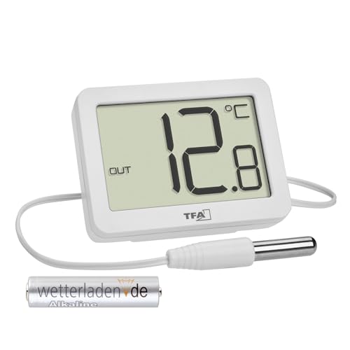 TFA Dostmann Digitales Innen-Außen-Thermometer, 30.1066, inkl wasserdichter Temperaturfühler, Höchst- und Tiefstwerte, mit Magnet/Ständer, (weiss mit Batterie) von TFA Dostmann