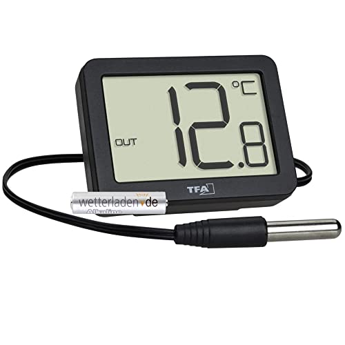 TFA Dostmann Digitales Innen-Außen-Thermometer, 30.1066.01, inkl wasserdichter Temperaturfühler, Höchst- und Tiefstwerte, mit Magnet/Ständer, schwarz mit Batterie von TFA Dostmann