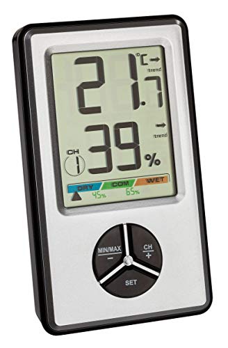 TFA Dostmann Digitales Thermo-Hygrometer, 30.5045.54, zur Raumklimakontrolle, als Sender verwendbar, Max Min Funktion, (L) 64 x (B) 18 (40) x (H) 109 mm, Silber-schwarz von TFA Dostmann