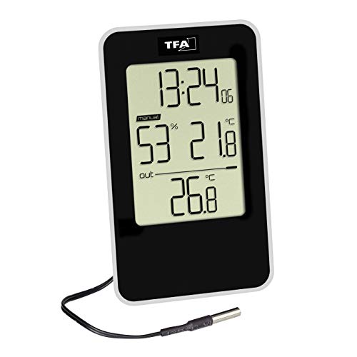 TFA Dostmann Digitales Thermo-Hygrometer, 30.5048.01, mit Uhrzeit, für innen und außen, mit wasserdichtem Kabelfühler, schwarz, L103 x B30 x H165 mm von TFA Dostmann