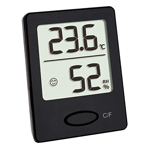 TFA Dostmann Digitales Thermo-Hygrometer, Hygrometer digital für innen, Luftfeuchtigkeitsmesser zur Schimmelvermeidung, gesundes Raumklima mit Smiley, mit Komfortzonen, 4,6 x 5,9 cm, schwarz von TFA Dostmann