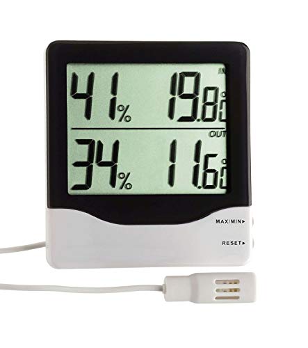 TFA Dostmann Digitales Thermo-Hygrometer für Raum- und Außenklima, 50.1013, Thermometer innen, Luftfeuchtigkeitsmessgerät, mit Kabelfühler, Außenwerte, schwarz-weiß von TFA Dostmann