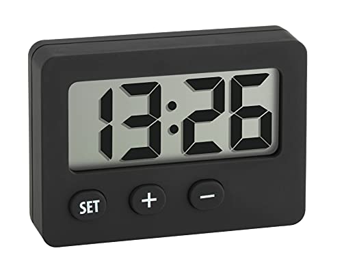TFA Dostmann Mini Digitaluhr, 60.2013.01, Tischuhr, Quarzuhr, perfekt für KFZ (Wohnmobil oder Auto), für Klausuren/Abschlussprüfungen, handlich, mit Magnet, Selbstklebender Halter, Ständer, schwarz von TFA Dostmann
