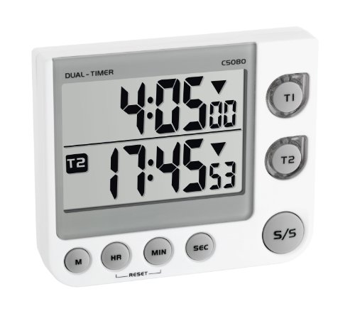 TFA Dostmann Elektronischer 2-Fach Timer, 38.2025, mit Memory-Funktion, 3 Lautstärke Stufen, LED-Warnlicht, weiß von TFA Dostmann