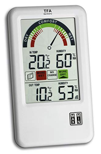 TFA Dostmann Bel-Air Funk-Thermo-Hygrometer, mit Lüftungsempfehlung Komfortzonenanzeige, zur Raumklimakontrolle, L 95 x B 20 (65) x H 158 mm von TFA Dostmann