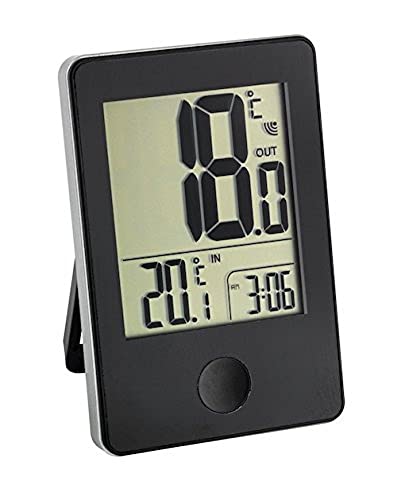 TFA Dostmann Pop Funk-Thermometer, Außen- oder Innentemperatur in Großformat, Anzeige der Uhr,L 60 x B 23 (50) x H 90 mm, Schwarz von TFA Dostmann