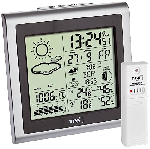 TFA Dostmann Funk-Wetterstation Largo, 35.1145.54, mit Wettervorhersage, Aussensender, inkl Funkuhr, für innen und aussen, silber von TFA Dostmann