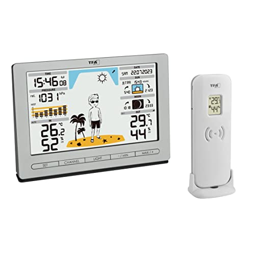 TFA Dostmann Funk Wetterstation METEO JACK, 35.1097.54, inkl Außensender, mit Wettervorhersage, Luftdruck, Mondphase, Sonnenaufgang- & -untergang, Funkuhr, silber von TFA Dostmann