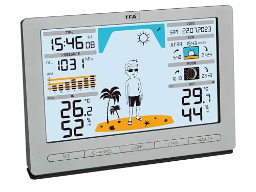 TFA Dostmann Funk Wetterstation METEO JACK, 35.1097.54, inkl Außensender, mit Wettervorhersage, Luftdruck, Mondphase, Sonnenaufgang- & -untergang, Funkuhr, silber von TFA Dostmann