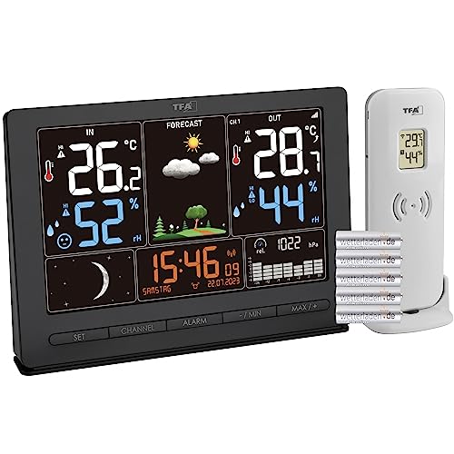 TFA Dostmann Funk-Wetterstation Season 2, 35.1118, mit Außensender, Wettervorhersage, Farbdisplay, Temperatur und Luftfeuchtigkeit, inkl Funkuhr mit Mondphase, schwarz, mit Batterien von TFA Dostmann