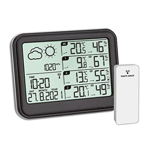 TFA Dostmann Funk-Wetterstation View, 35.1142.01, mit 3 Aussensender, inkl Funkuhr, Wettervorhersage mit Luftdruck, mit Temperatur und Luftfeuchtigkeit, schwarz, L 131 x B 26 (63) x H 102 (98) mm von TFA Dostmann