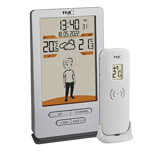 TFA Dostmann Funk Wetterstation Weather Jack, 35.1166.54, Außen- und Innentemperatur, Wettervorhersage, mit Bekleidungsvorschlägen, Funkuhr, silber, 146 x 82 x 27 (47) mm von TFA Dostmann