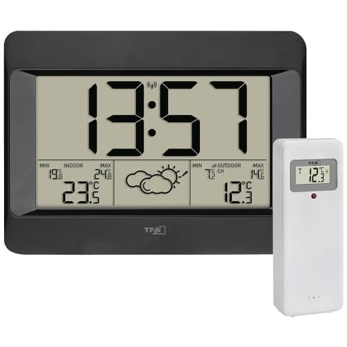 TFA Dostmann Funk-Wetterstation Zeno, 35.1163.01, digitale Funk-Wanduhr mit Wettervorhersage, Innen- und Außentemperatur, Weckalarm mit Snooze, schwarz von TFA Dostmann