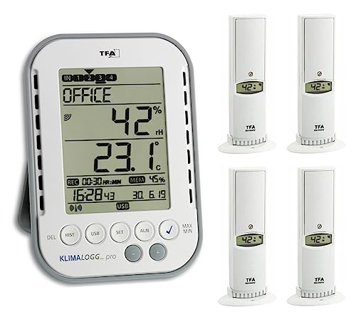 TFA Dostmann Kirchenorgel-Überwachungsset Klimalogg Pro Plus 30.3039.Plus Weiss incl. 4 Stück Temperatur Luftfeuchtesender 30.3180 von TFA Dostmann