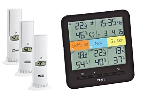 TFA Dostmann Klima Home Hygro-Station 30.3060.01 Funk-Thermo-Hygrometer mit 3 Sendern, Kunststoff, Schwarz, (L) 128 x (B) 32 (58) x (H) 128 mm von TFA Dostmann