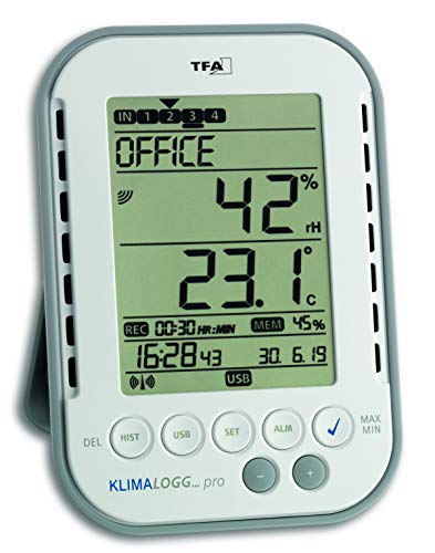 TFA Dostmann Klimalogg Pro Profi-Thermo-Hygrometer, 30.3039, mit Datenlogger-Funktion, Alarm-Funktion, Max.-Min.-Werte, professionelle Raumklimaüberwachung, Weiß, L 98 x B 25 (77) x H 137 mm von TFA Dostmann