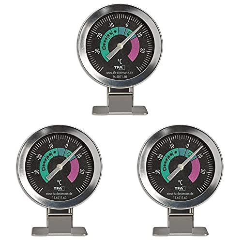 TFA Dostmann Kühlschrankthermometer analog 14.4011.60 aus Edelstahl auch geeignet für Gefriertruhe Kühlhäuser bis -40Degree C Silber, 3er Pack von TFA Dostmann