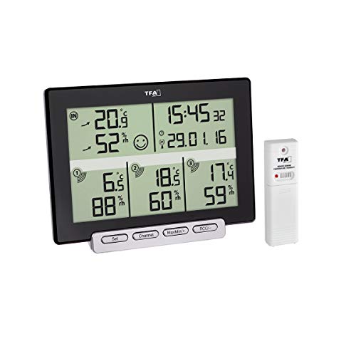 TFA Dostmann Multi-Sens Funk-Thermo-Hygrometer, mit 3 Sendern, zur Kontrolle von Raum- und Außenklima, Tendenzanzeigen, Höchst- und Tiefstwerte, L 157 x B 42 x H 120 mm von TFA Dostmann