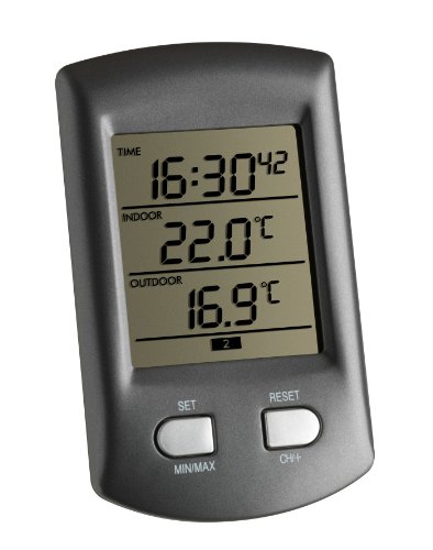 TFA Dostmann Ratio Funk-Thermometer, Außentemperatur, Innentemperatur, Uhrzeit und Alarm, (L) 68 x (B) 29 (78) x (H) 113 mm, Grau von TFA Dostmann