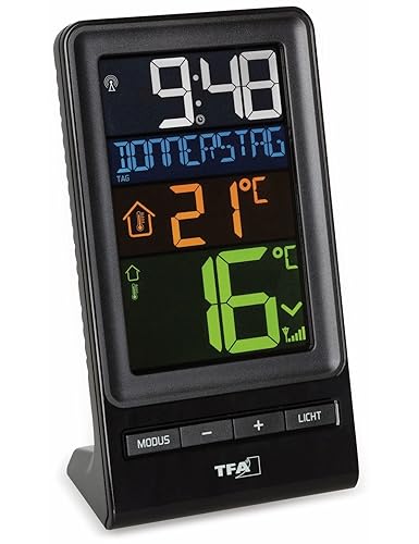 TFA Dostmann Spira Funk-Thermometer, mit Farbdisplay, Außentemperatur, Innentemperatur, Höchst-und Tiefstwerte, Funkuhr, (L) 83 x (B) 55 x (H) 152 mm von TFA Dostmann