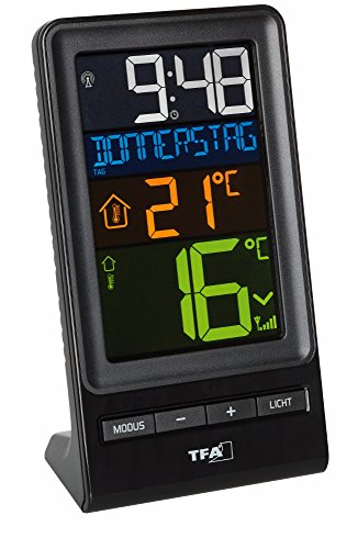 TFA Dostmann Spira Funk-Thermometer, mit Farbdisplay, Außentemperatur, Innentemperatur, Höchst-und Tiefstwerte, Funkuhr, (L) 83 x (B) 55 x (H) 152 mm von TFA Dostmann