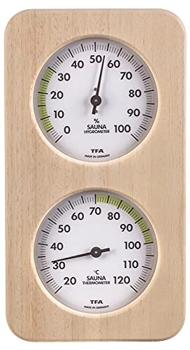 TFA Dostmann Sauna-Thermo-Hygrometer Haar-Synthetik, hitzebeständig, aus Massivholz, L 131 x B 34 x H 240 mm (Oslo (Abachi)) von TFA Dostmann