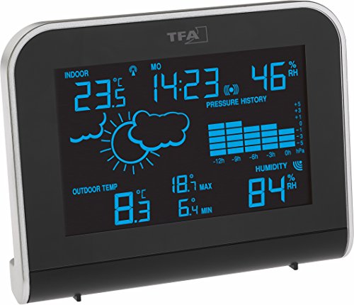 TFA Dostmann SPHERE, 35.1148.01.IT Funk-Wetterstation mit 'Color Sharp' Farbwechsel-Display mit Außensender, Schwarz, L160 x B87 x H165 mm von TFA Dostmann