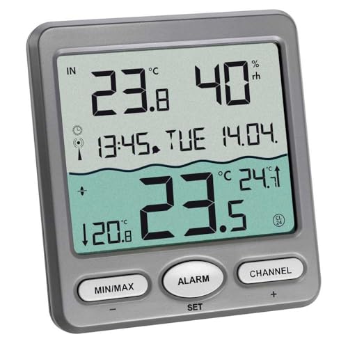 TFA Dostmann Venice Poolthermometer, 30.3056.10, zur Überwachung der Wassertemperatur in Pool, Teich oder Whirlpool, Digitales Funk-Poolthermometer, Grau, L 116 x B 24 (65) x H 126 mm von TFA Dostmann