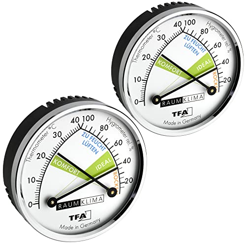 TFA Dostmann Thermo Analoges Thermometer Hygrometer mit Metallring, Luftfeuchtigkeitsmessgerät, Mehrfarbig, L 71 x B 23 x H 71 mm, 2er Set von TFA Dostmann