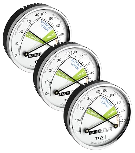 TFA Dostmann Thermo Analoges Thermometer Hygrometer mit Metallring, Luftfeuchtigkeitsmessgerät, Mehrfarbig, L 71 x B 23 x H 71 mm (Packung mit 3) von TFA Dostmann