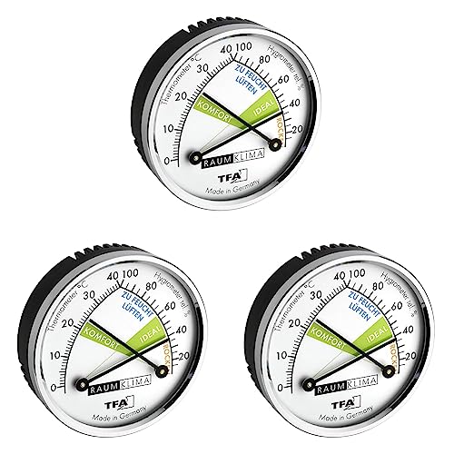 TFA Dostmann Thermo Analoges Thermometer Hygrometer mit Metallring, Luftfeuchtigkeitsmessgerät, Mehrfarbig, L 71 x B 23 x H 71 mm (Packung mit 3) von TFA Dostmann