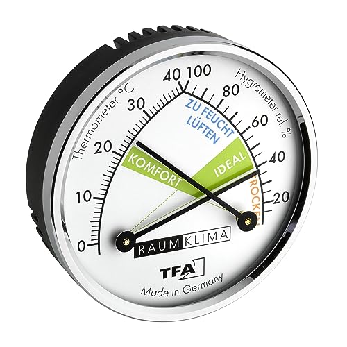 TFA Dostmann Thermo Analoges Thermometer Hygrometer mit Metallring, Luftfeuchtigkeitsmessgerät, Mehrfarbig, L 71 x B 23 x H 71 mm von TFA Dostmann