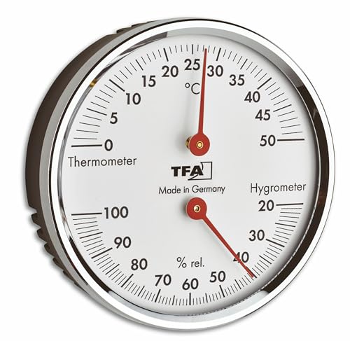 TFA Dostmann Analoges Thermo-Hygrometer, 45.2041.42, mit Metallring, zur Kontrolle von Temperatur und Luftfeuchtigkeit, silber, L120 x B29 x H235 mm von TFA Dostmann