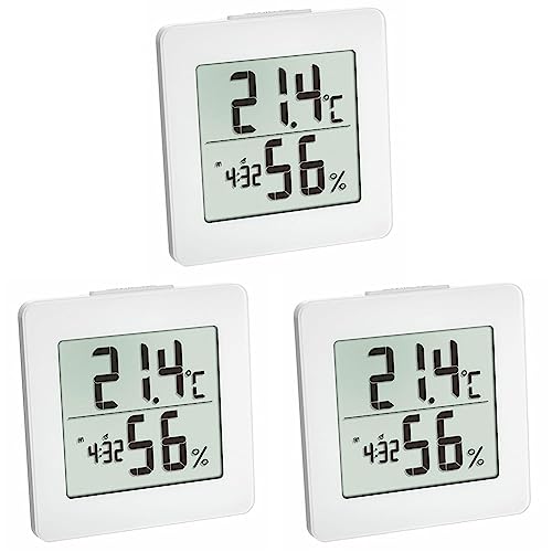 TFA Dostmann Thermometer Hygrometer digital, 30.5033.02, Innentemperatur, Luftfeuchtigkeit, Uhrzeit inkl Datum, Max.Min.-Werte, weiß (Packung mit 3) von TFA Dostmann