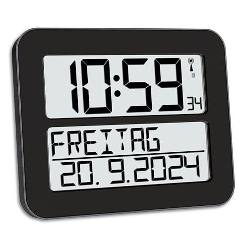 TFA Dostmann Digitale Funk-Wanduhr Timeline Max, 60.4512.01, übersichtliche Funkuhr, Demenzuhr, Küchenuhr, mit ausgeschriebenem Wochentag & Datum, mit Weckfunktion, 25,8 x 3 x 21,2 cm, schwarz von TFA Dostmann