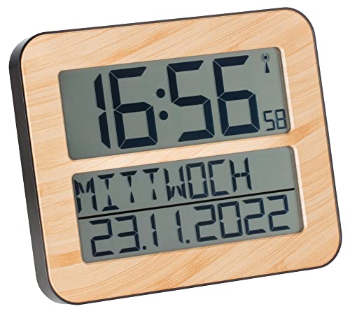 TFA Dostmann Digitale Funk-Wanduhr Timeline Max, 60.4512.01, übersichtliche Funkuhr, Demenzuhr, Küchenuhr, mit ausgeschriebenem Wochentag & Datum, mit Weckfunktion, 25,8 x 3 x 21,2 cm (Holzoptik) von TFA Dostmann