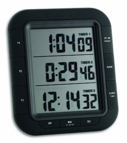 TFA Dostmann Triple XL, digitaler 3-fach Timer,38.2023, mit Uhrzeit, Memory-Funktion, mit Stoppuhr, Schwarz, L 103 x B 20 (61) x H 121 (103) mm von TFA Dostmann