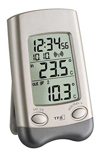 TFA Dostmann Wave Funk-Thermometer, Außentemperatur, Innentemperatur, Höchst- und Tiefstwerte, mit Uhrzeit, Wochentag, Datum, L 70 x B 30 (66) x H 115 mm von TFA Dostmann