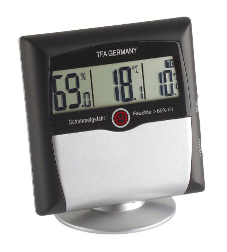 TFA Dostmann Comfort Control digitales Thermo-Hygrometer, 30.5011, mit Schimmelalarm, Raumklimakontrolle, Luftfeuchtigkeitsmesser, Raumthermometer, zum Stellen innen, klein & handlich, schwarz-grau von TFA Dostmann