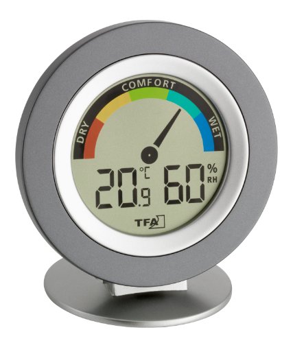 TFA Dostmann Cosy Thermo-Hygrometer digital, 30.5019.10, Höchst-und Tiefstwerte, Raumklimakontrolle, farbigen Komfortzonen, grau,L 104 x B 20 (77) x H 104 (114) mm von TFA Dostmann