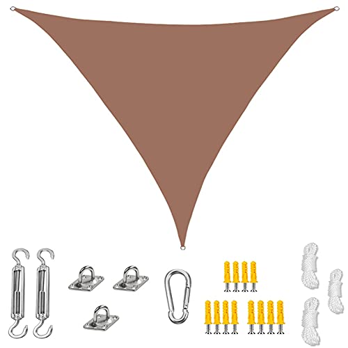 Sonnensegel für den Garten, wasserdicht, 90% UV-Schutz, dreieckiges Sonnensegel mit Befestigungssatz und Seilen, für Außenterrassen, Terrassen, Camping und Strände, 3 x 3 x 3 m, braun von TFBHL