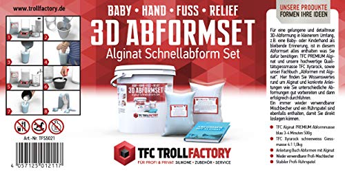 TFC 3D Baby Hand Fuß Relief Abformset, mit 500g TFC Alginat Abformmasse 3-4 Minuten, 1kg TFC Xyrarock Giessmasse 4:1, Mischbecher und Rührspatel sowie unser Fachbuch „Abformen mit Alginat“ von TFC Troll Factory